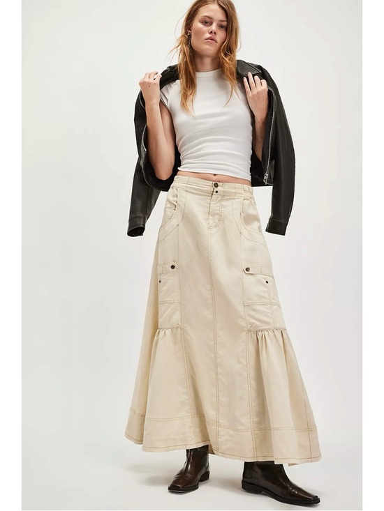 Free People Grunge 90s Cargo Rough Riding Maxi Skirt Birch Neutral Large Bella - Picture 7 of 13